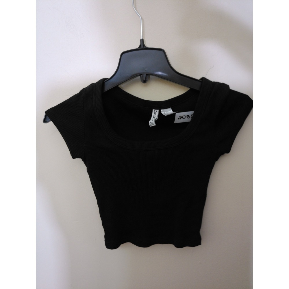 H&M Divided Ribbed Crop Top Womens XS Black Scoop Neck Minimalist Y2K 2050